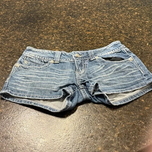 Miss Me Blue Jean Shorts with Rhinestones on Flap Pockets - Picture 1 of 4